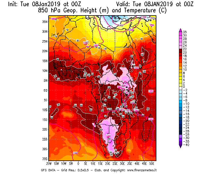 Mappa di analisi GFS - Geopotenziale [m] e Temperatura [°C] a 850 hPa in Africa
							del 08/01/2019 00 <!--googleoff: index-->UTC<!--googleon: index-->