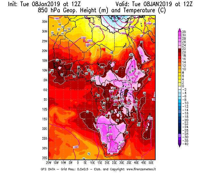 Mappa di analisi GFS - Geopotenziale [m] e Temperatura [°C] a 850 hPa in Africa
							del 08/01/2019 12 <!--googleoff: index-->UTC<!--googleon: index-->
