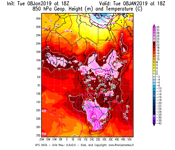 Mappa di analisi GFS - Geopotenziale [m] e Temperatura [°C] a 850 hPa in Africa
							del 08/01/2019 18 <!--googleoff: index-->UTC<!--googleon: index-->