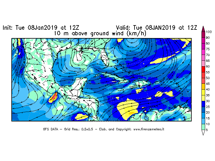 Mappa di analisi GFS - Velocità del vento a 10 metri dal suolo [km/h] in Centro-America
									del 08/01/2019 12 <!--googleoff: index-->UTC<!--googleon: index-->