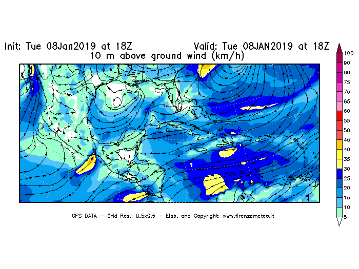 Mappa di analisi GFS - Velocità del vento a 10 metri dal suolo [km/h] in Centro-America
									del 08/01/2019 18 <!--googleoff: index-->UTC<!--googleon: index-->