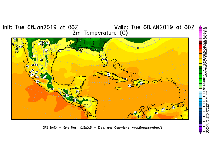 Mappa di analisi GFS - Temperatura a 2 metri dal suolo [°C] in Centro-America
									del 08/01/2019 00 <!--googleoff: index-->UTC<!--googleon: index-->
