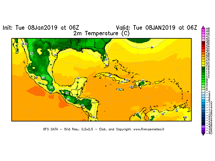 Mappa di analisi GFS - Temperatura a 2 metri dal suolo [°C] in Centro-America
									del 08/01/2019 06 <!--googleoff: index-->UTC<!--googleon: index-->