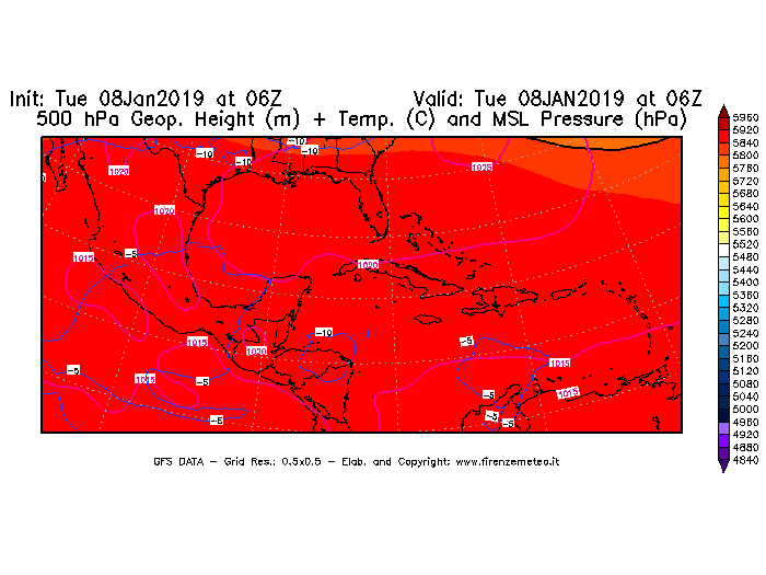 Mappa di analisi GFS - Geopotenziale [m] + Temp. [°C] a 500 hPa + Press. a livello del mare [hPa] in Centro-America
							del 08/01/2019 06 <!--googleoff: index-->UTC<!--googleon: index-->
