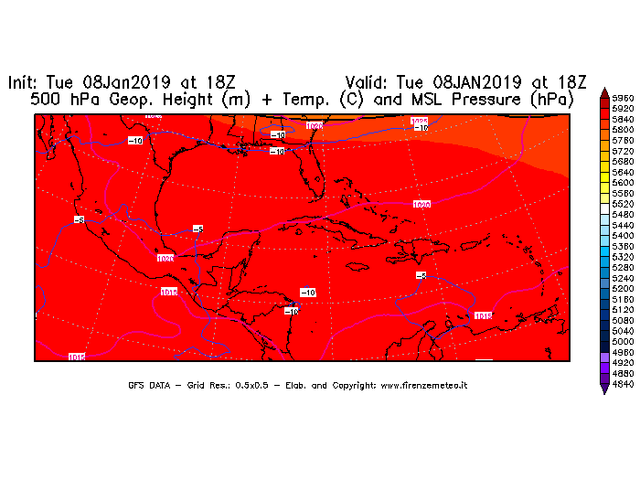 Mappa di analisi GFS - Geopotenziale [m] + Temp. [°C] a 500 hPa + Press. a livello del mare [hPa] in Centro-America
							del 08/01/2019 18 <!--googleoff: index-->UTC<!--googleon: index-->