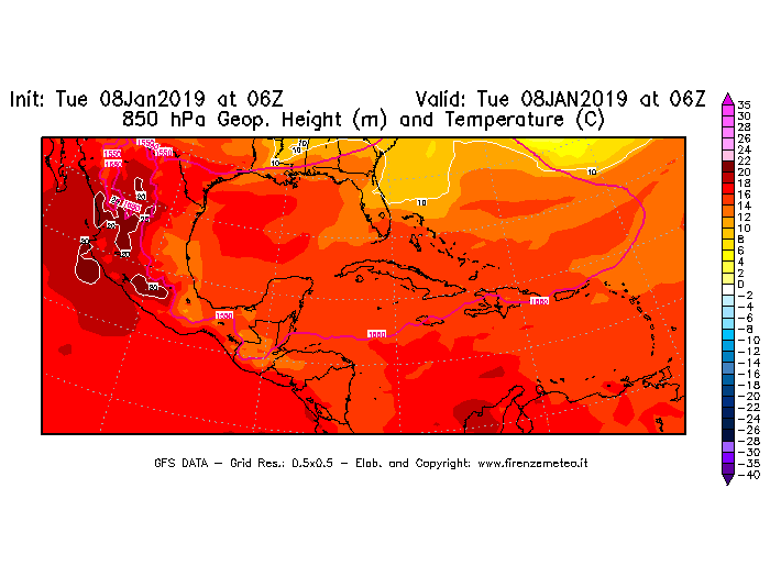 Mappa di analisi GFS - Geopotenziale [m] e Temperatura [°C] a 850 hPa in Centro-America
									del 08/01/2019 06 <!--googleoff: index-->UTC<!--googleon: index-->