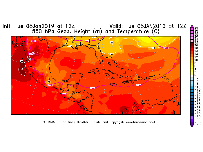 Mappa di analisi GFS - Geopotenziale [m] e Temperatura [°C] a 850 hPa in Centro-America
							del 08/01/2019 12 <!--googleoff: index-->UTC<!--googleon: index-->
