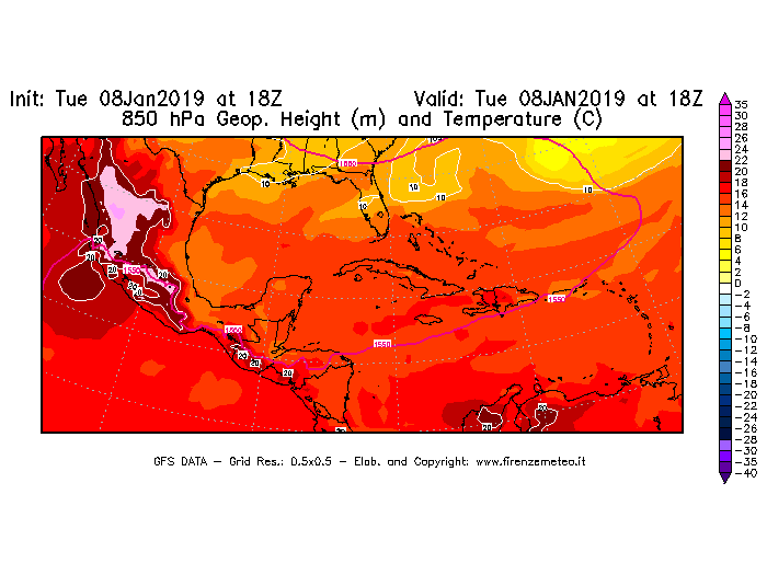 Mappa di analisi GFS - Geopotenziale [m] e Temperatura [°C] a 850 hPa in Centro-America
									del 08/01/2019 18 <!--googleoff: index-->UTC<!--googleon: index-->