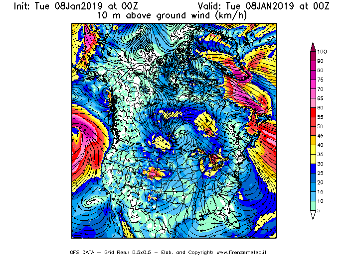 Mappa di analisi GFS - Velocità del vento a 10 metri dal suolo [km/h] in Nord-America
							del 08/01/2019 00 <!--googleoff: index-->UTC<!--googleon: index-->