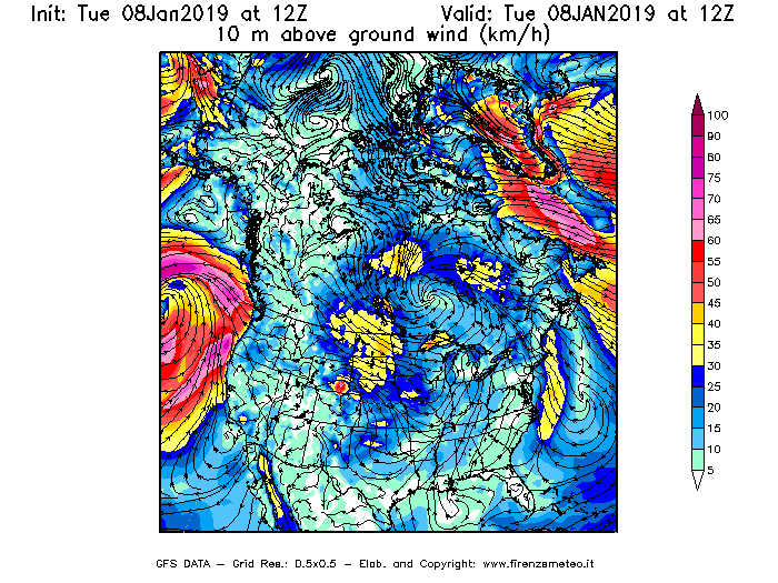 Mappa di analisi GFS - Velocità del vento a 10 metri dal suolo [km/h] in Nord-America
							del 08/01/2019 12 <!--googleoff: index-->UTC<!--googleon: index-->