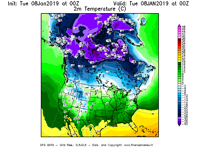 Mappa di analisi GFS - Temperatura a 2 metri dal suolo [°C] in Nord-America
									del 08/01/2019 00 <!--googleoff: index-->UTC<!--googleon: index-->