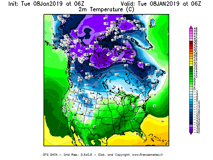 Mappa di analisi GFS - Temperatura a 2 metri dal suolo [°C] in Nord-America
							del 08/01/2019 06 <!--googleoff: index-->UTC<!--googleon: index-->