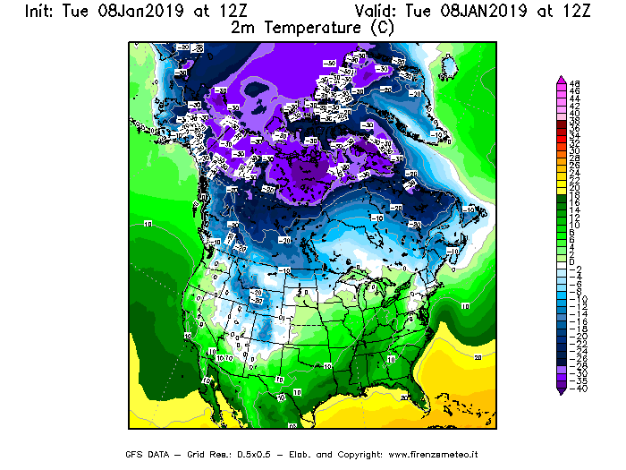 Mappa di analisi GFS - Temperatura a 2 metri dal suolo [°C] in Nord-America
							del 08/01/2019 12 <!--googleoff: index-->UTC<!--googleon: index-->