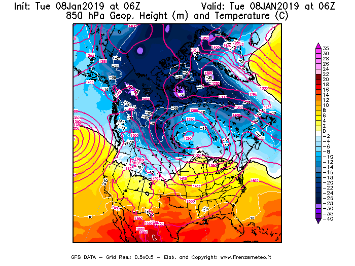 Mappa di analisi GFS - Geopotenziale [m] e Temperatura [°C] a 850 hPa in Nord-America
							del 08/01/2019 06 <!--googleoff: index-->UTC<!--googleon: index-->
