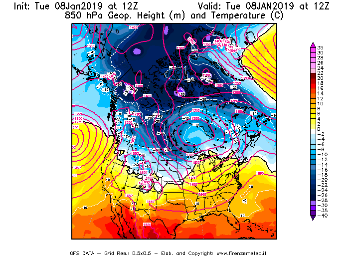 Mappa di analisi GFS - Geopotenziale [m] e Temperatura [°C] a 850 hPa in Nord-America
							del 08/01/2019 12 <!--googleoff: index-->UTC<!--googleon: index-->
