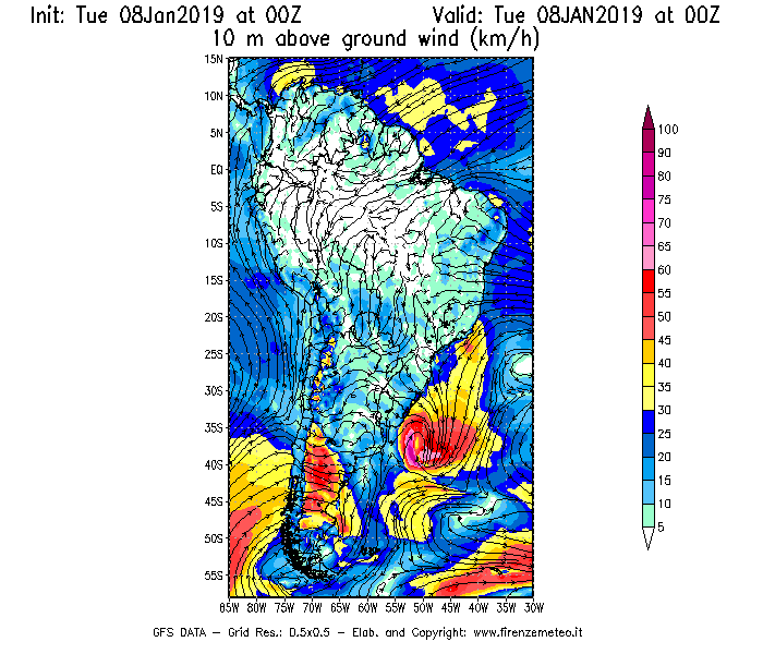 Mappa di analisi GFS - Velocità del vento a 10 metri dal suolo [km/h] in Sud-America
							del 08/01/2019 00 <!--googleoff: index-->UTC<!--googleon: index-->