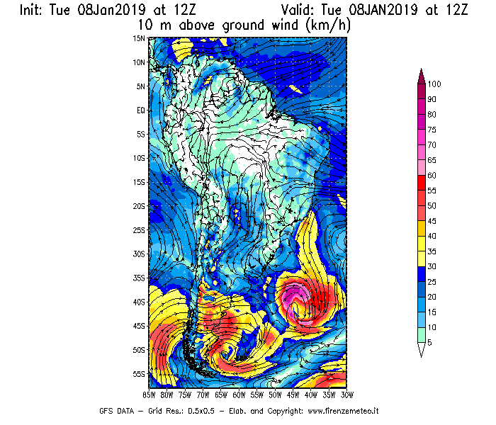 Mappa di analisi GFS - Velocità del vento a 10 metri dal suolo [km/h] in Sud-America
							del 08/01/2019 12 <!--googleoff: index-->UTC<!--googleon: index-->