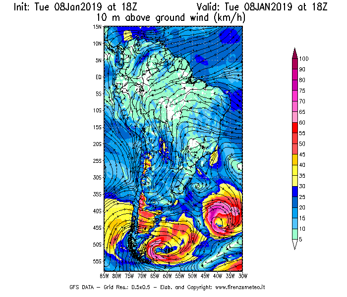 Mappa di analisi GFS - Velocità del vento a 10 metri dal suolo [km/h] in Sud-America
							del 08/01/2019 18 <!--googleoff: index-->UTC<!--googleon: index-->