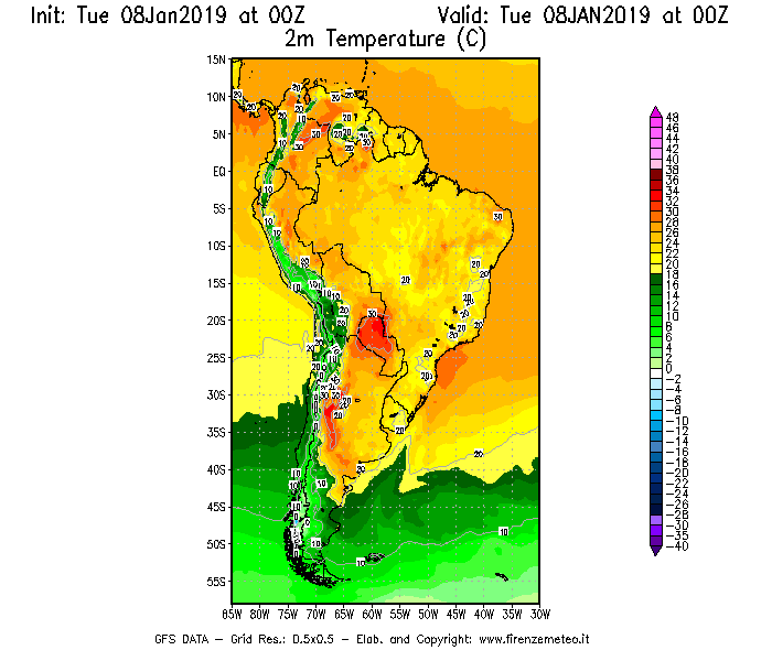 Mappa di analisi GFS - Temperatura a 2 metri dal suolo [°C] in Sud-America
							del 08/01/2019 00 <!--googleoff: index-->UTC<!--googleon: index-->