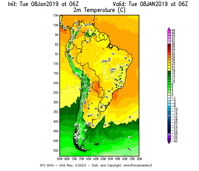 Mappa di analisi GFS - Temperatura a 2 metri dal suolo [°C] in Sud-America
									del 08/01/2019 06 <!--googleoff: index-->UTC<!--googleon: index-->
