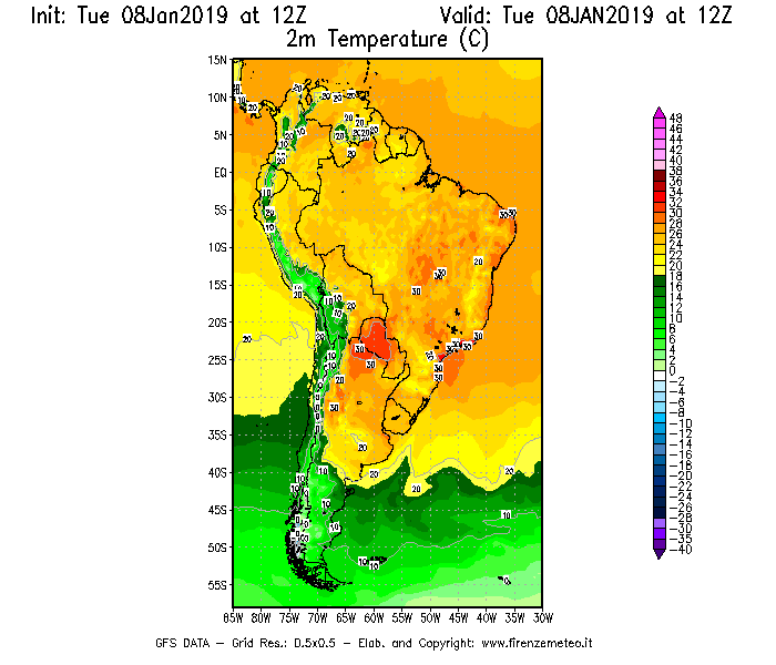 Mappa di analisi GFS - Temperatura a 2 metri dal suolo [°C] in Sud-America
							del 08/01/2019 12 <!--googleoff: index-->UTC<!--googleon: index-->