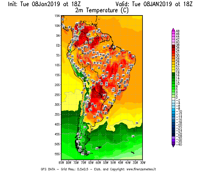 Mappa di analisi GFS - Temperatura a 2 metri dal suolo [°C] in Sud-America
									del 08/01/2019 18 <!--googleoff: index-->UTC<!--googleon: index-->