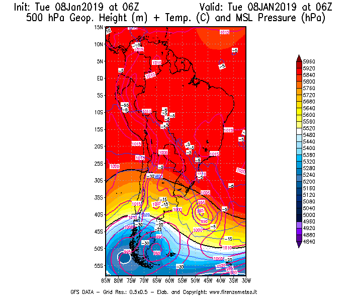 Mappa di analisi GFS - Geopotenziale [m] + Temp. [°C] a 500 hPa + Press. a livello del mare [hPa] in Sud-America
									del 08/01/2019 06 <!--googleoff: index-->UTC<!--googleon: index-->