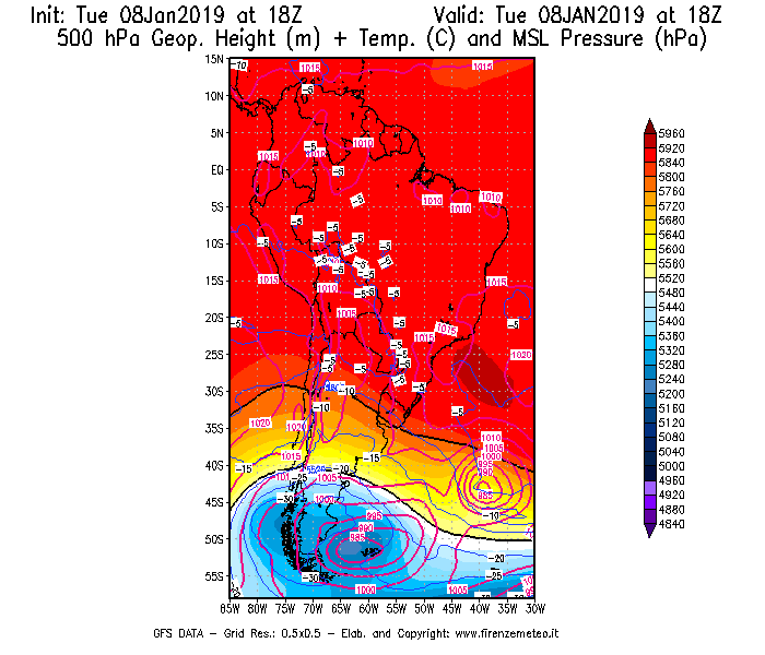 Mappa di analisi GFS - Geopotenziale [m] + Temp. [°C] a 500 hPa + Press. a livello del mare [hPa] in Sud-America
									del 08/01/2019 18 <!--googleoff: index-->UTC<!--googleon: index-->