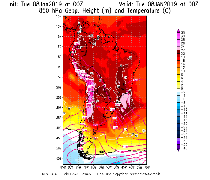 Mappa di analisi GFS - Geopotenziale [m] e Temperatura [°C] a 850 hPa in Sud-America
							del 08/01/2019 00 <!--googleoff: index-->UTC<!--googleon: index-->