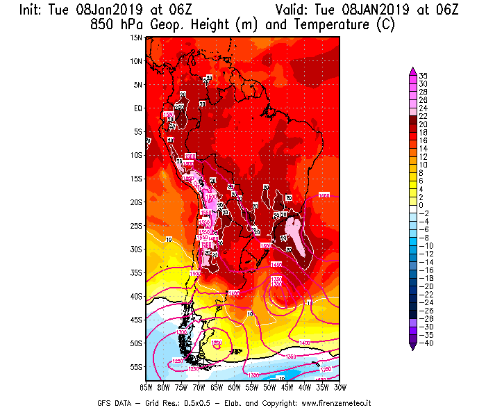 Mappa di analisi GFS - Geopotenziale [m] e Temperatura [°C] a 850 hPa in Sud-America
							del 08/01/2019 06 <!--googleoff: index-->UTC<!--googleon: index-->
