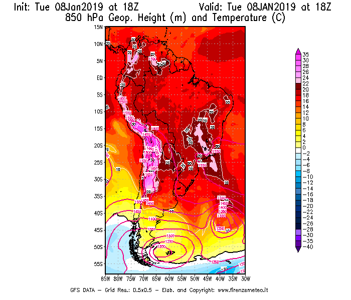 Mappa di analisi GFS - Geopotenziale [m] e Temperatura [°C] a 850 hPa in Sud-America
									del 08/01/2019 18 <!--googleoff: index-->UTC<!--googleon: index-->