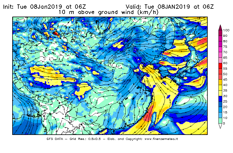 Mappa di analisi GFS - Velocità del vento a 10 metri dal suolo [km/h] in Asia Orientale
									del 08/01/2019 06 <!--googleoff: index-->UTC<!--googleon: index-->
