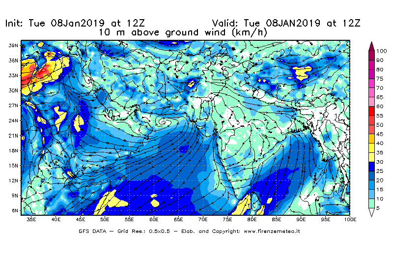 Mappa di analisi GFS - Velocità del vento a 10 metri dal suolo [km/h] in Asia Sud-Occidentale
									del 08/01/2019 12 <!--googleoff: index-->UTC<!--googleon: index-->