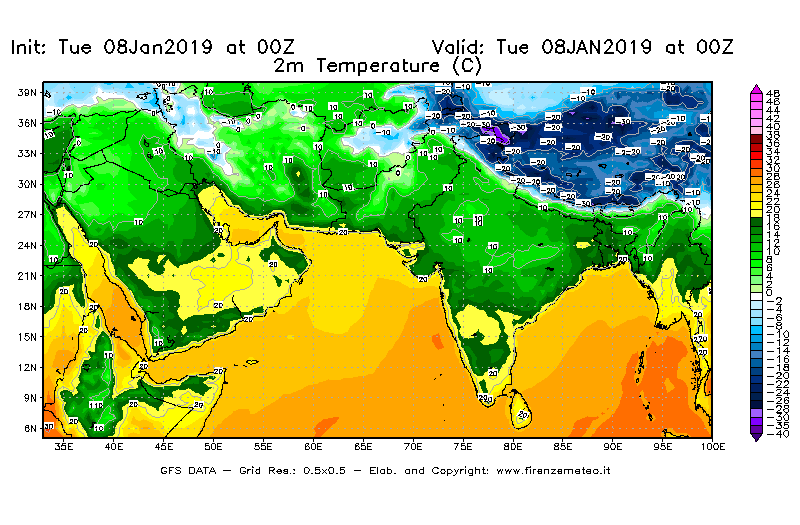 Mappa di analisi GFS - Temperatura a 2 metri dal suolo [°C] in Asia Sud-Occidentale
									del 08/01/2019 00 <!--googleoff: index-->UTC<!--googleon: index-->