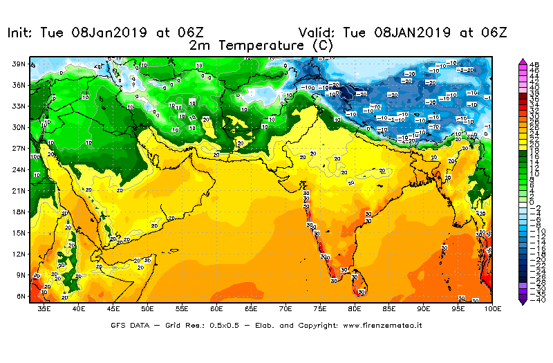 Mappa di analisi GFS - Temperatura a 2 metri dal suolo [°C] in Asia Sud-Occidentale
							del 08/01/2019 06 <!--googleoff: index-->UTC<!--googleon: index-->