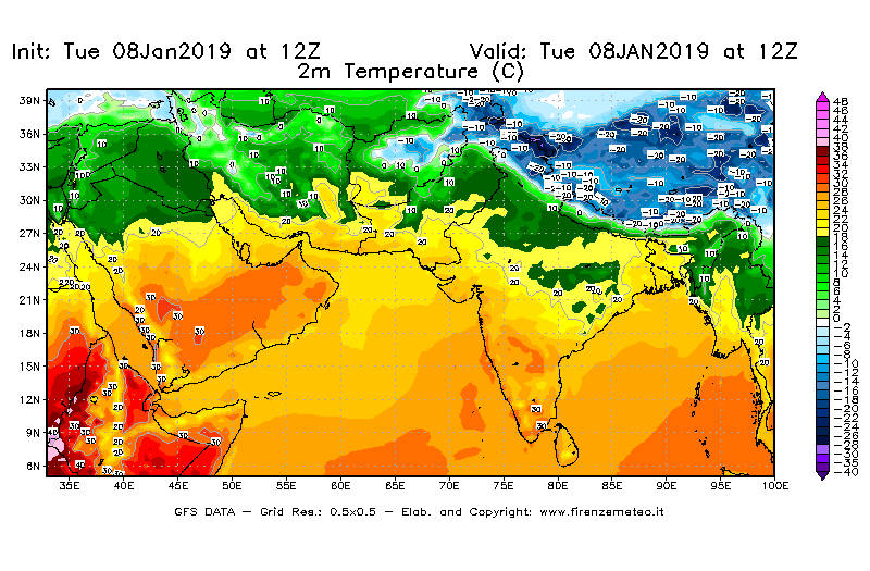 Mappa di analisi GFS - Temperatura a 2 metri dal suolo [°C] in Asia Sud-Occidentale
							del 08/01/2019 12 <!--googleoff: index-->UTC<!--googleon: index-->