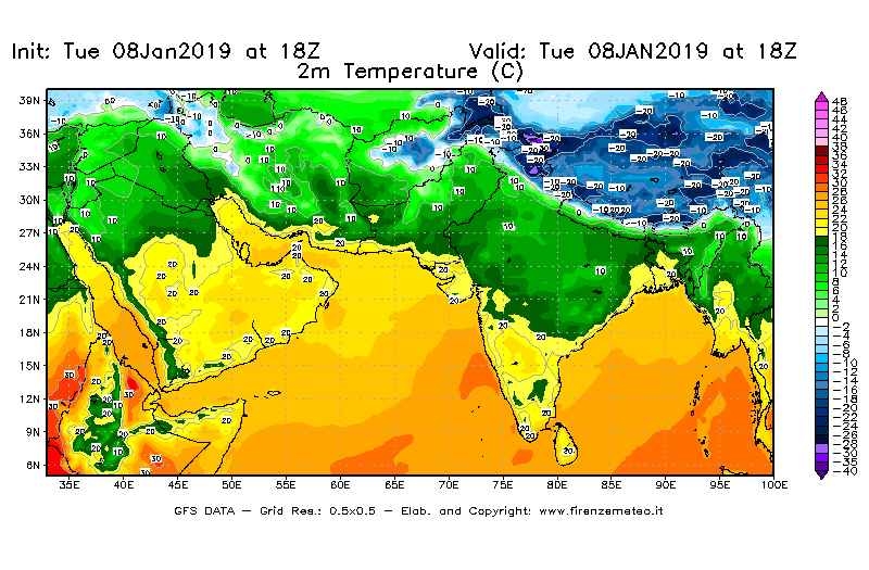 Mappa di analisi GFS - Temperatura a 2 metri dal suolo [°C] in Asia Sud-Occidentale
							del 08/01/2019 18 <!--googleoff: index-->UTC<!--googleon: index-->