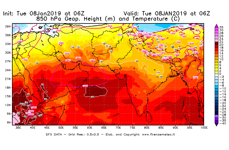 Mappa di analisi GFS - Geopotenziale [m] e Temperatura [°C] a 850 hPa in Asia Sud-Occidentale
							del 08/01/2019 06 <!--googleoff: index-->UTC<!--googleon: index-->