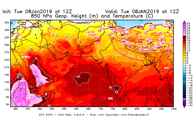 Mappa di analisi GFS - Geopotenziale [m] e Temperatura [°C] a 850 hPa in Asia Sud-Occidentale
							del 08/01/2019 12 <!--googleoff: index-->UTC<!--googleon: index-->