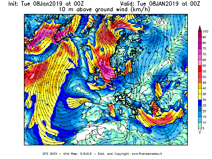 Mappa di analisi GFS - Velocità del vento a 10 metri dal suolo [km/h] in Europa
							del 08/01/2019 00 <!--googleoff: index-->UTC<!--googleon: index-->