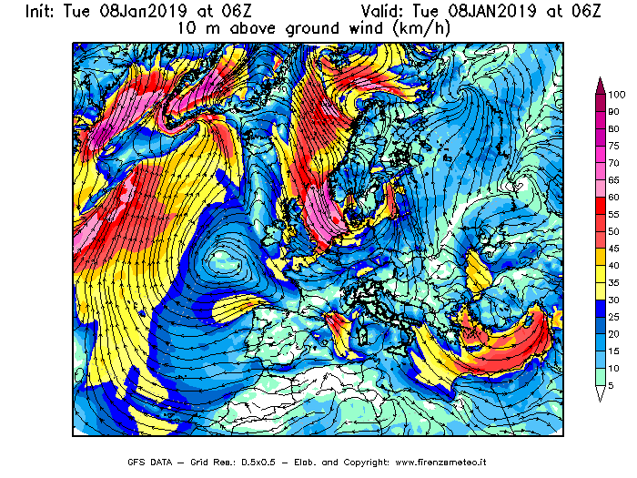Mappa di analisi GFS - Velocità del vento a 10 metri dal suolo [km/h] in Europa
							del 08/01/2019 06 <!--googleoff: index-->UTC<!--googleon: index-->
