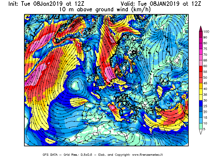 Mappa di analisi GFS - Velocità del vento a 10 metri dal suolo [km/h] in Europa
							del 08/01/2019 12 <!--googleoff: index-->UTC<!--googleon: index-->