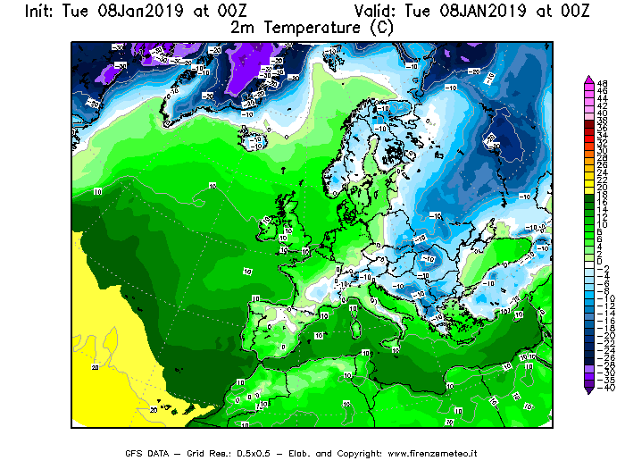 Mappa di analisi GFS - Temperatura a 2 metri dal suolo [°C] in Europa
							del 08/01/2019 00 <!--googleoff: index-->UTC<!--googleon: index-->