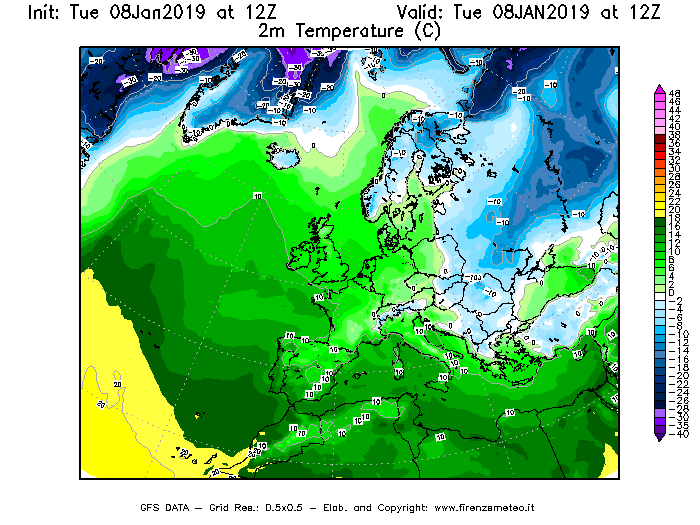 Mappa di analisi GFS - Temperatura a 2 metri dal suolo [°C] in Europa
									del 08/01/2019 12 <!--googleoff: index-->UTC<!--googleon: index-->