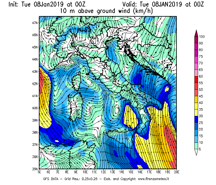 Mappa di analisi GFS - Velocità del vento a 10 metri dal suolo [km/h] in Italia
							del 08/01/2019 00 <!--googleoff: index-->UTC<!--googleon: index-->