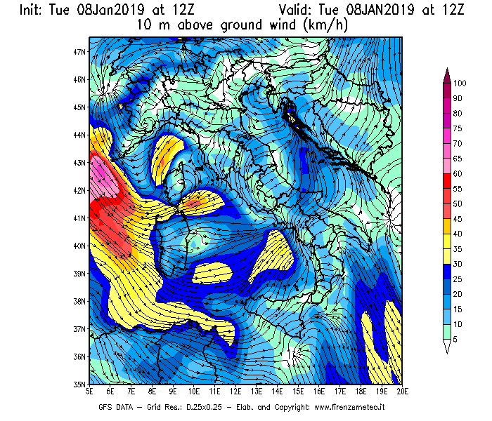 Mappa di analisi GFS - Velocità del vento a 10 metri dal suolo [km/h] in Italia
									del 08/01/2019 12 <!--googleoff: index-->UTC<!--googleon: index-->