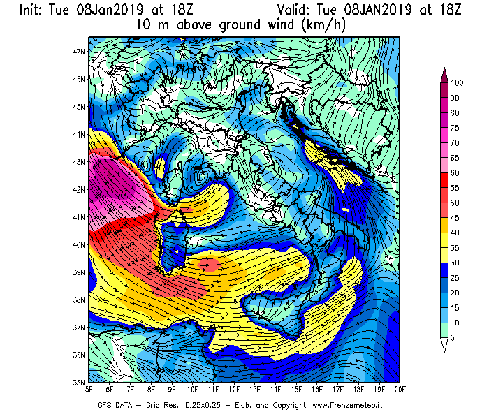 Mappa di analisi GFS - Velocità del vento a 10 metri dal suolo [km/h] in Italia
									del 08/01/2019 18 <!--googleoff: index-->UTC<!--googleon: index-->