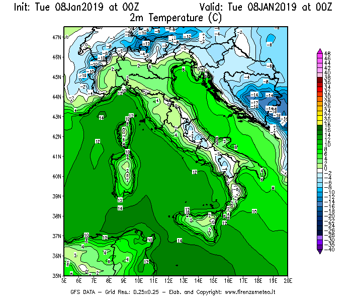 Mappa di analisi GFS - Temperatura a 2 metri dal suolo [°C] in Italia
									del 08/01/2019 00 <!--googleoff: index-->UTC<!--googleon: index-->