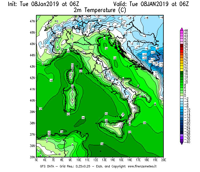 Mappa di analisi GFS - Temperatura a 2 metri dal suolo [°C] in Italia
									del 08/01/2019 06 <!--googleoff: index-->UTC<!--googleon: index-->