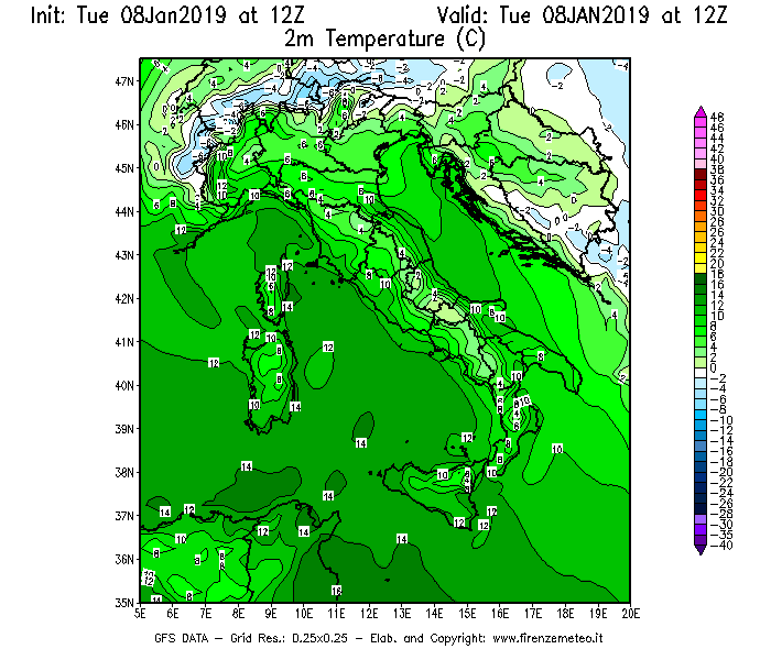 Mappa di analisi GFS - Temperatura a 2 metri dal suolo [°C] in Italia
									del 08/01/2019 12 <!--googleoff: index-->UTC<!--googleon: index-->